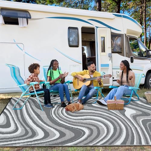 Image of Garvee Waterproof Outdoor Rug 10x14 Abstract Outdoor Camping Rug, Grey