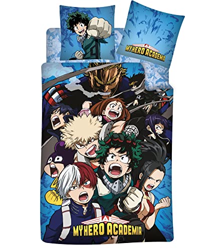 My Hero Academia Parure de lit 3 Pièces 100% Coton - Housse de Couette 140x200 cm + Taie d'oreiller 65x65 cm + Drap-Housse Assorti 90x190 cm…