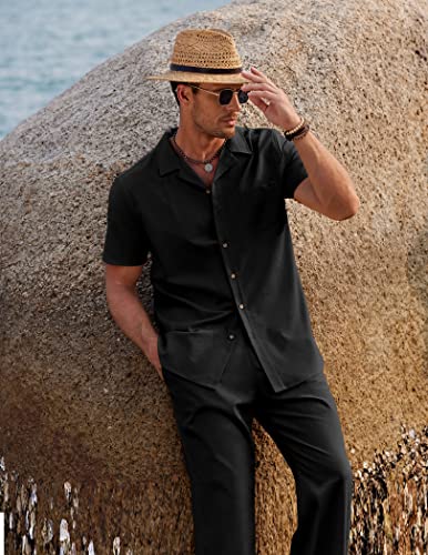 Image of COOFANDY Men 2 Piece Linen Outfit Beach Button Down Shirt Casual Loose Pant Sets