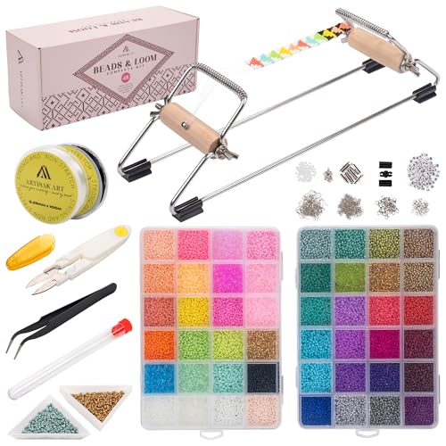Complete Bead Loom Kit with 24 000 Colorful Glass Beads for Jewelry Making Non-Stretch Thread and Big-Eye Beading Needles - DIY Craft Supplies Set for Creating Beaded Bracelets Earrings Rings