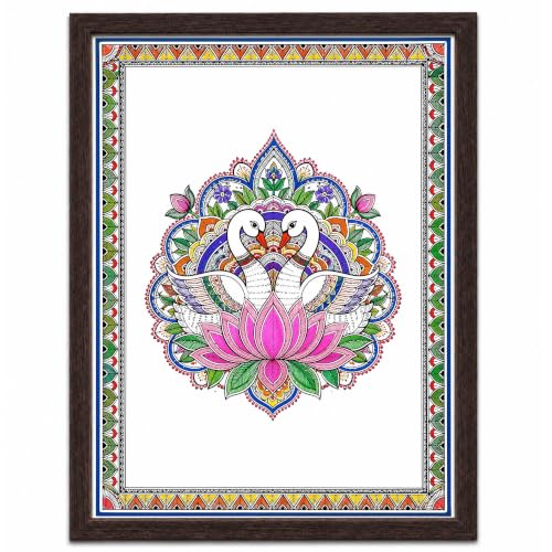 Image of PAPER PAJAMA Swan Vastu Wall Art for Living Room | Madhubani Hamsa Lotus Painting | Traditional Mithila Folk Art Framed Decor for Home, Office & Bedroom (10x13 Inches)
