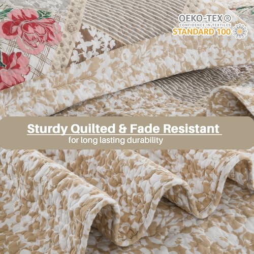 FineStichery 100% Cotton Oversized Quilt Bedspread 120"x102", Lightweight Queen Bedspreads Coverlets, Extra Large Floral Quilt, Quilted Reversible Bedding Cover, 3 Piece, Brown — view 5
