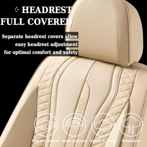 Image of Coverado Car Seat Covers for Front Seat, Leather Seat Covers for Cars, Front Seat Covers, Waterproof Car Seat Protectors Car Seat Cushions Universal for Most Vehicles, Beige