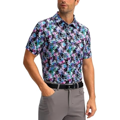 Obla Golf Shirts for Men Dry Fit Short Sleeve Print Stripped Performance Moisture Wicking Collared Golf Polo Shirts(Motley Leaf_XXXL) Cover