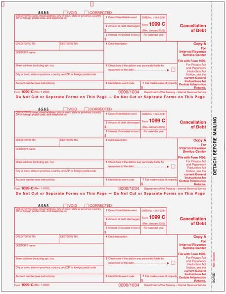 Amazon.com : 1099-C, Cancellation of Debt, Federal Copy A : Tax Forms ...