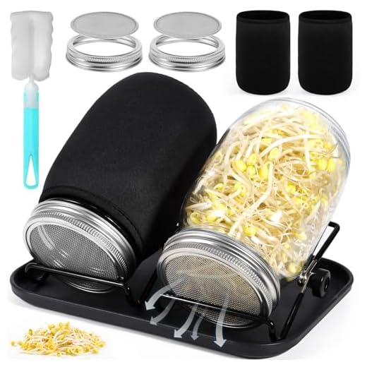 MOYKSRR Barattolo Germogliatore Set, Kit di Barattoli per Germogliamento di Semi, 2 1000ml Germogliatore in Vetro, 2 Coperture, 2 Supporti e 1 Vassoio, 2 Manicotti Oscuranti, 1 Spazzola