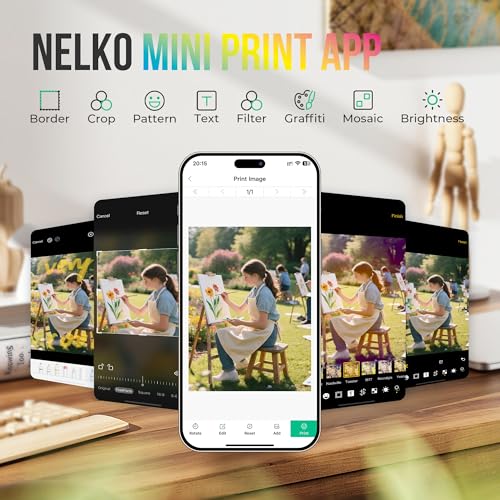Nelko Fotodrucker PP01 Farbe Tragbarer Mini Fotodrucker für Smartphone mit 20 Fotopapier, Tintenstrahl Aufkleber Drucker, Sticky Back Fotos für iOS & Android, Smart AI APP, Lila