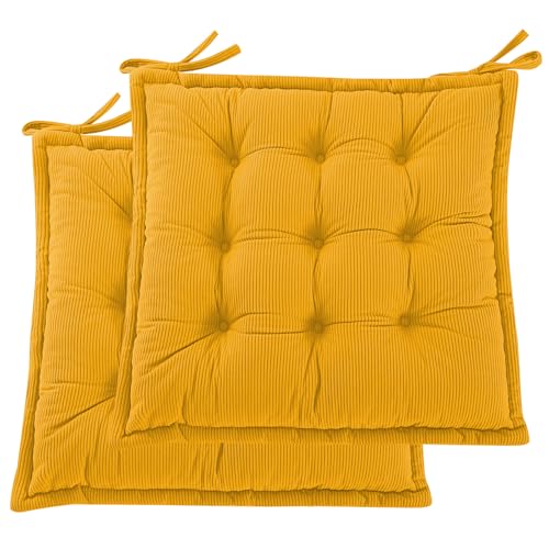 PRIMEPATIO Seat Pad for Dining Chair Set of 2, Garden Kitchen Chair Seat Cushion With Ties, Soft Tufted Shredded Foam Chair Pad for Indoor Outdoor, 50 x 50cm, Yellow