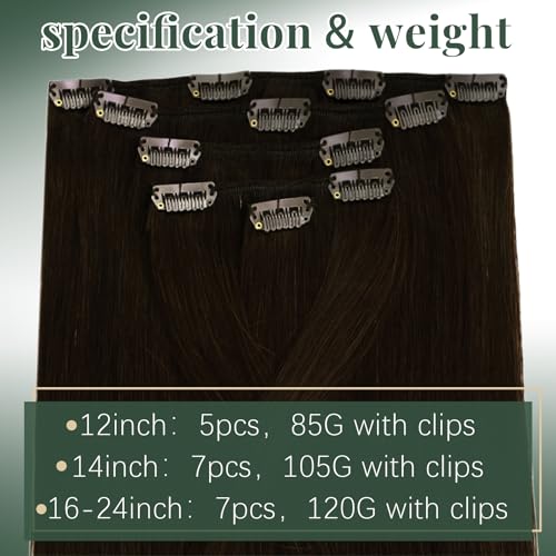 Image of Ugeat Human Hair Clip in Extensions Dark Brown 12 Inch 5pcs 85g | Real Human Hair Extensions Clip ins , Real Hair Clip in Extensions Dark Brown , Shoulder Length