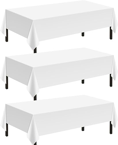 Childom Paquete de 3 manteles de plástico para mesas rectangulares de 54 x 108 pulgadas, manteles desechables blancos para mesas de 6 a 8 pies,