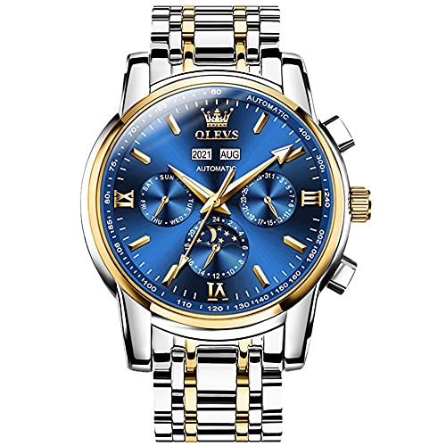 OLEVS Mens Automatic Watches Skeleton Mechanical Self Winding Luxury Dress Wrist Watch Moon Phase Day Date Waterproof Luminous Two Tone Watches Gifts