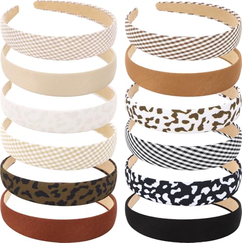 Wecoe 12pcs Headbands for Women Girls Neutral Plain Checked Plaid Boho Leopard Printed Wide Fabric Head Bands Hairbands Fall Christmas Diy Costume Hair Accessories for Women Girls