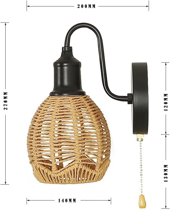 Miniatura 7 de Lámpara de pared de ratán, aplique de pared vintage de granja, lámpara de pared negra retro con tirador, iluminación interior cableada para sala de