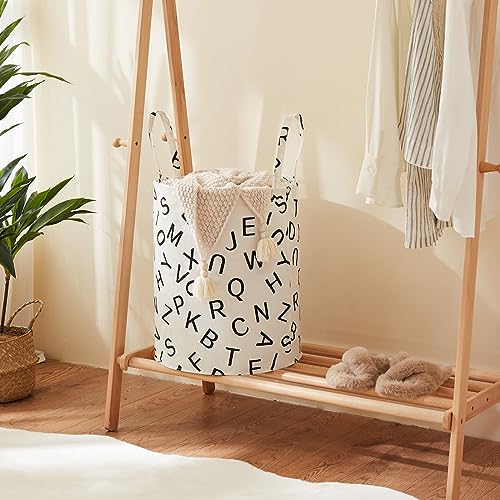 Image of Baby Laundry Basket Nursery Hamper with Long Handles, Black Letter | Large Storage Basket, baby hamper, pink laundry basket, kids hamper, Toy Bins for Nursery, Girls, Boys, Kids Room Decor