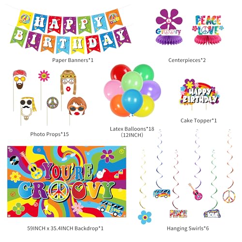 Image of Crenics 60s Theme Party Decorations - Retro Groovy Backdrop, Banner, Hanging Swirls, Centerpieces, Photo Props, Balloons and Cake Topper for 1960s Hippie Birthday Party Supplies
