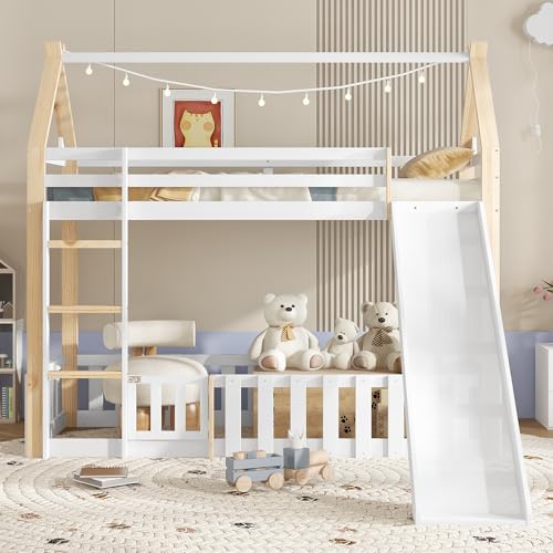 Huayz Cama infantil litera de 90 x 200 cm, cama con tobogán y pizarra, cama alta para 2 niños, espacio libre con valla, cama funcional con somier, color blanco y natural
