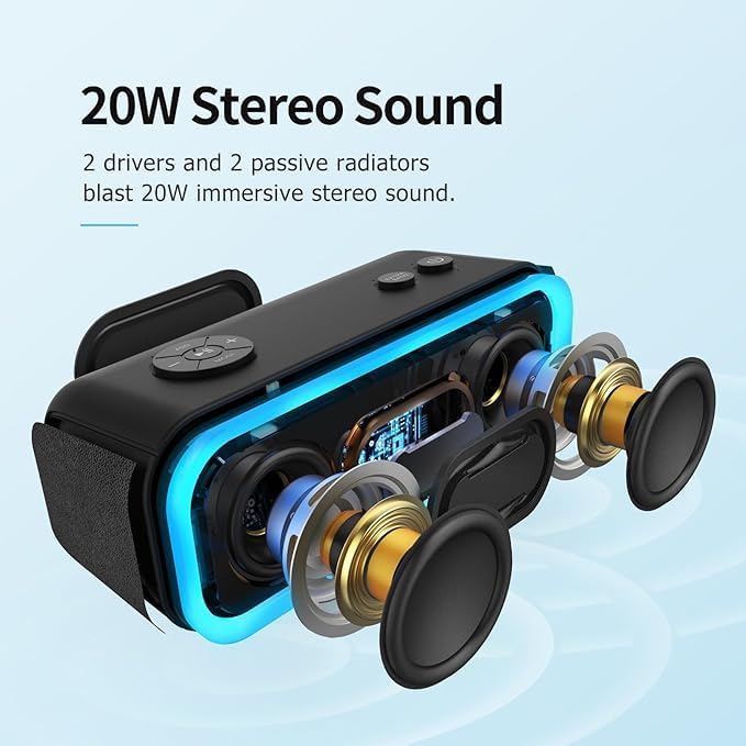 DOSS SoundBox Pro Bluetooth Speaker, 20W Stereo Sound, Active Extra Bass, 20H Playtime, Multi-Colors Lights, TWS Pairing, IPX6 Waterproof for Garden, Hiking, Camping, Outdoor, Party-Black - Image 2