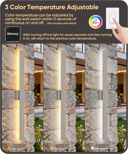 Image of Aipsun 2 Packs Nickel Outdoor Wall Light 39.4inch Modern LED Exterior Wall Sconce, Long LED Linear Exterior Lights 3000K 4000K 6000K for Entrance, Hallway, Garage, Porch(3CCT)