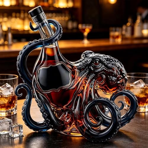Kraken The Kraken Rum Edition Bouteille en verre en forme de pieuvre artistique 3D en forme de pieuvre pour whisky, vin, liqueur, bar, décoration d'intérieur (Noir)
