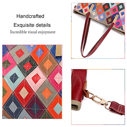 Segater® Women Multicolor Genuine Leather Tote Bag Cowhide Boston Hobo Bag Woven Bohemian Design Crossbody Bags Ladies Handbag Vintage Patchwork Purses #TOP4