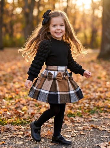 Image of Noubeau Toddler Girls Plaid Outfits Girls Puff Sleeve Knit Ribbed Shirt Tops Plaid Skirt Set Kids Fall Winter Clothes