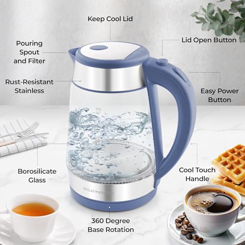 Image of Zulay Kitchen Fast Boiling Electric Water Kettle - 1.7L, 1500W, Auto Shut-Off for Overboil & Boil Dry Protection, Cool-Touch Handle, 360 Base - Rapid Teapot Boiler For Coffee & Tea - Blue