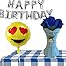 Naramaki - Adornos para fiesta de cumpleaños, jarrón azul + flores artificiales + juego de globos de letras de plata 40 cm + emoticonos con 45 cm + mantel de cuadros azul