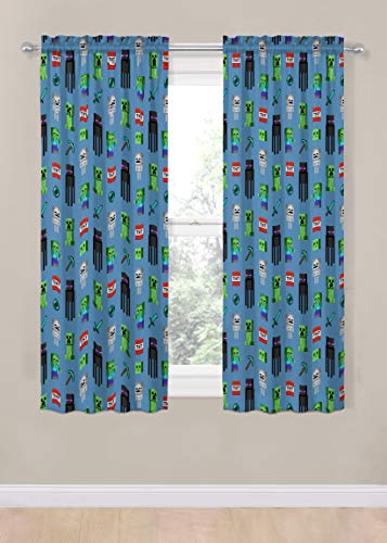 Image of Jay Franco Kids Window Drapes - 4 Piece Curtain Set Includes 2 Tiebacks, Beautiful Bedding Room Decor and Easy Set Up, Blue - Minecraft, 63 Inch (Pack of 2)