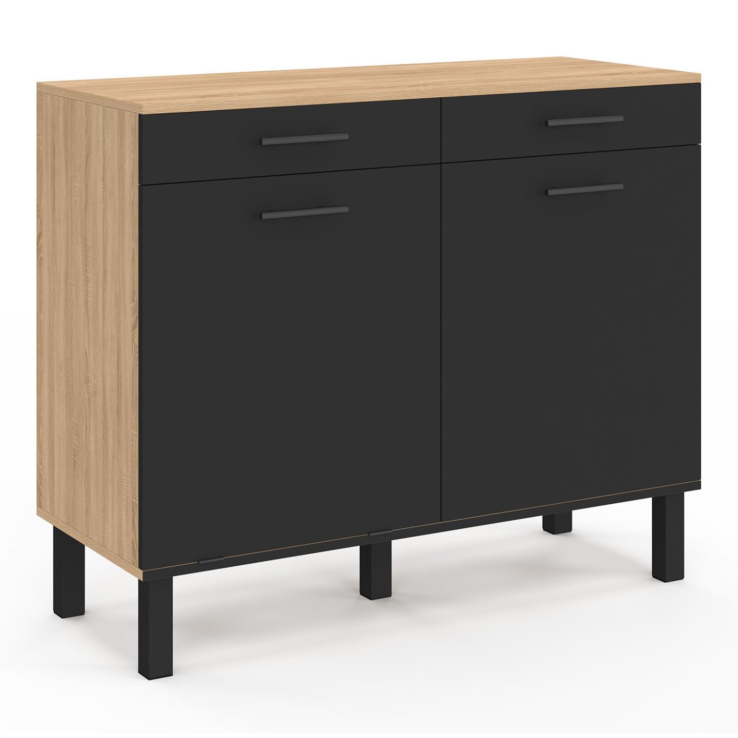 IDMarket - Küchenbuffet mit Abfalleimer 100 cm CINA Arbeitsplatte H.83 cm 2 Türen + Schubladen in Buchenholzoptik und Schwarz