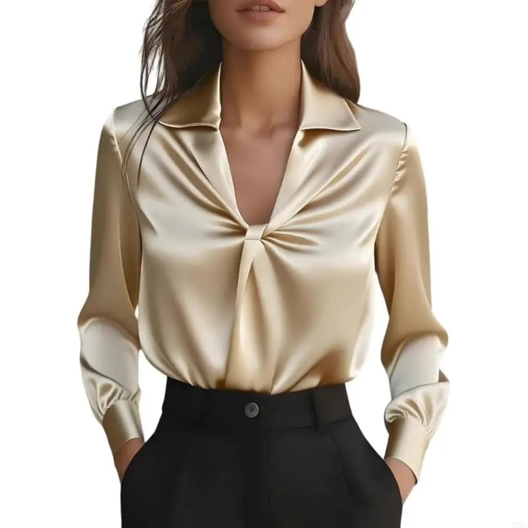 Chemises en Satin Femme Chemisiers à Manches Longues à col en V Chemisier décontracté Ample et habillé Tunique de Bureau Travail