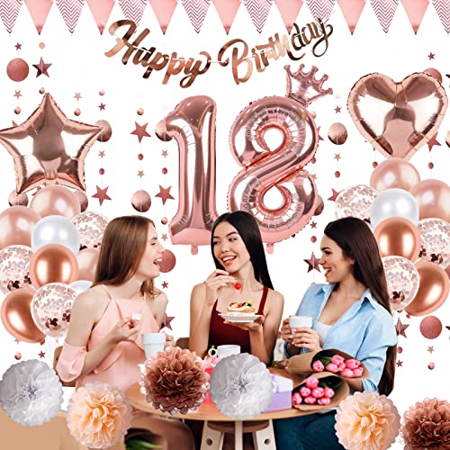 Image of 18th Birthday Decorations for Girls Rose Gold, Number 18 Birthday Balloons with Crown Heart Star Foil Balloons Pom Poms Happy Birthday Circle Dot Bunting Banner for 18th Girls Birthday Party Supplies
