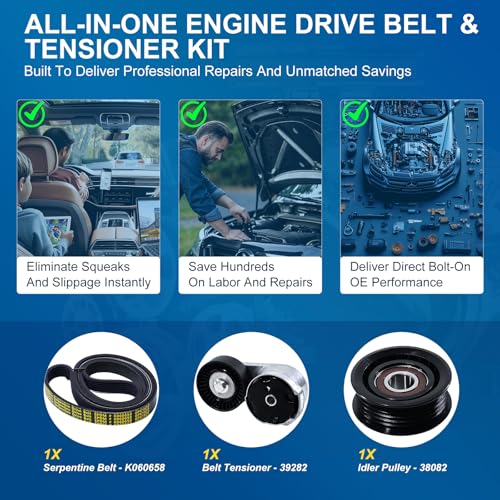 Image of Serpentine Belt Drive Component Kit with Tensioner & Idler Pulley Fit Dodge Charger 2014-2023 Challenger 2015-2023, Ram 1500 1500 Classic, Chrysler 300, V6 3.6L, Replace 90K-39282