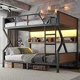 Queen over Queen Bunk Bed with Storage Shelves, Metal Bunk Beds with Ladders and LED Lights, Heavy-duty Bunkbed for Bedrooms, Guest Rooms and Dorms, No Box Spring Needed and Noise-free Design, Black