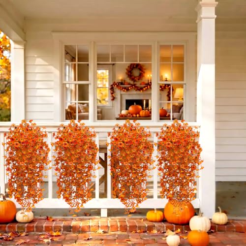 Image of Bassion Artificial Mums for Outdoor, 2 Pcs Fake Fall Hanging Flower, Orange | UV resistant, silk, realistic faux fall flowers for outside planters garden yard patio balcony front door porch home decor