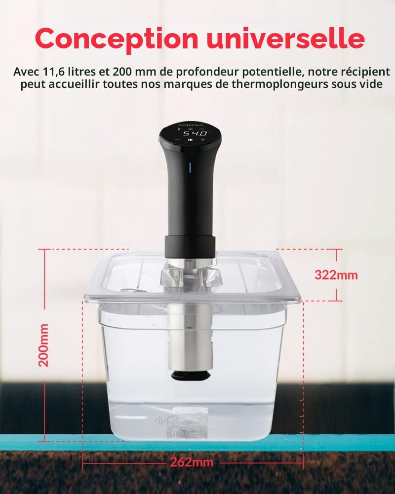 SousVideTools Récipient Transparent en Polycarbonate avec Couvercle Découpé sur Mesure pour Cuiseur sous Vide Anova sans Bpa, Antiadhésif, Passe au Lave-Vaisselle 11,6 l