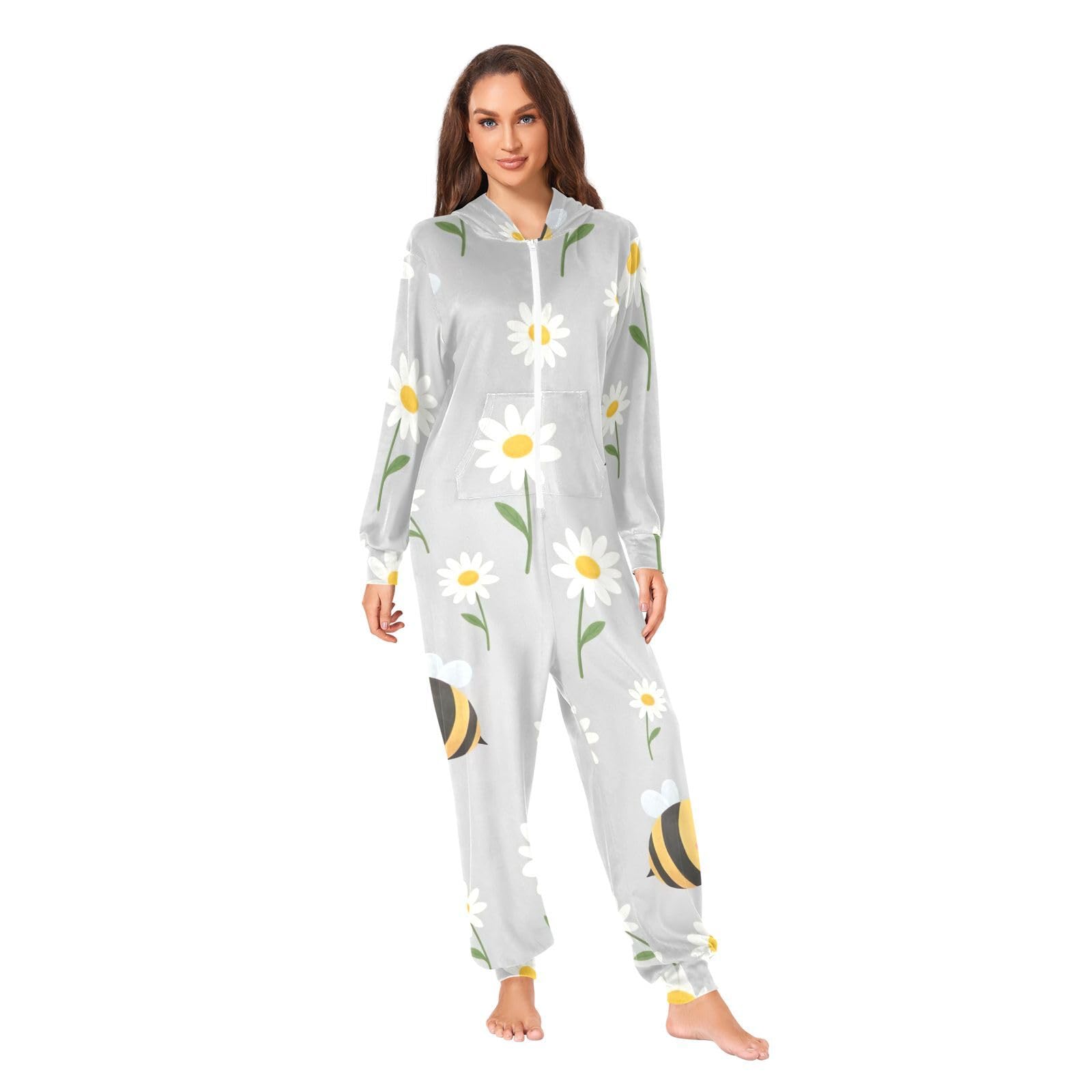 Carino Cartoon Bee Daisy Grigio Tutina Pjs Uomo Donna, Peluche Pigiama Tuta Intero