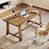 LITTLE TREE 63' Solid Wood Office Desk, Farmhouse Executive Computer Desk, Large Work Writing Table, Rustic Brown Home Office Workstaticon, Business Furniture