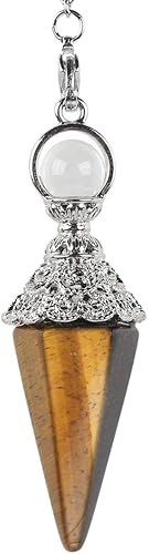 Miniatura 2 de Rockcloud Péndulo puntiagudo de cristal de ojo de tigre natural con cadena de 7 cuentas de piedra de chakra, colgante de chakra Reiki de 6 facetas