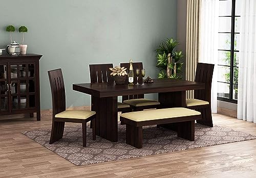 B.R. FURNITURE Wooden Dining Table 6 Seater | Dining Set Furniture | Solid Wood Dining Table with 4 Chairs & 1 Bench | Dining Table with Cousion Chair | Walnut Finish