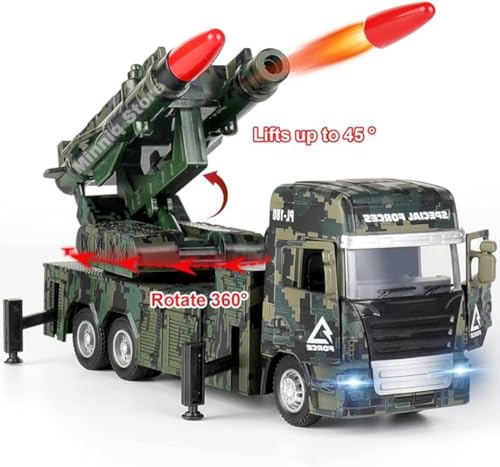 Image of Military Two Missile Launcher Truck with Lights & Sounds - Pull Back & Go Missile Model for Kids - Missiles Military Die Cast Fighting Truck Gift for Kids (Multicolor)