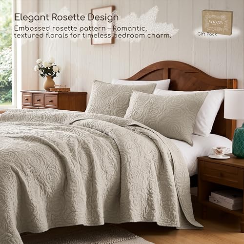 WDCOZY Beige 100% Cotton Quilt King Size Bedding Sets with 2 Pillow Shams, Floral Rosette Lightweight Bedspread Soft Farmhouse Patterned Coverlet Quilted Comforter Bed Cover for All Season, 3 Pieces by WDCOZY - Used condition - Image 8