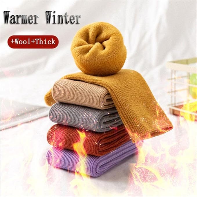 KITDAO Winter Thumb Toe Adult Warm Line Ribbed Snow Womens Stretch Knit Super Thick Wool Fur Socks Plush Thermal Men Women Fashion Fuzzy Solid Color Velvet Snow Socks (pack of 4) 4