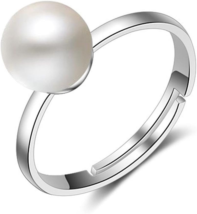 BulingVV S925 Silver Plated Vintage Simple Elegant Created Pearl Women Open Band Ring,Adjustable