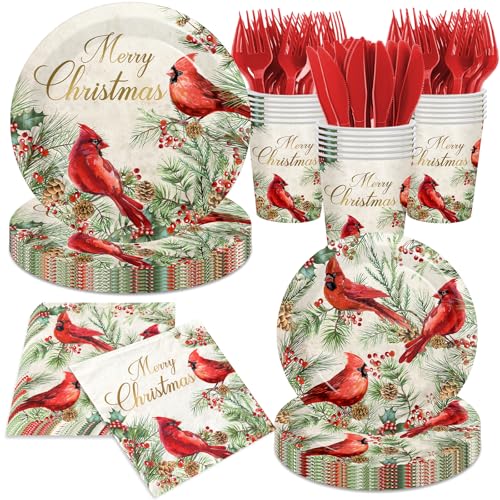 Christmas Cardinal Party Decorations, 144Pcs Cardinal Vintage Christmas Paper Plates and Napkins Xmas Red Birds Disposable Dinnerware Set for Winter Xmas Holiday Party Supplies