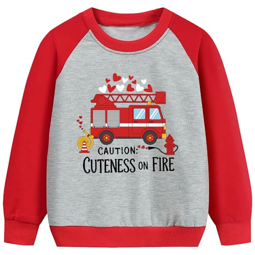 Joctoh Boys Valentine's Sweatshirt Love Heart Print Shirts for Kids Red Grey Raglan Long Sleeve Fire Truck Pullover 3-4 Years