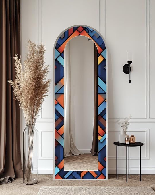 Specchio da pavimento con motivo geometrico, lunghezza intera, 50,8 cm di larghezza x 160 cm di altezza, specchio da pavimento ad arco con cornice nera e cornice dorata