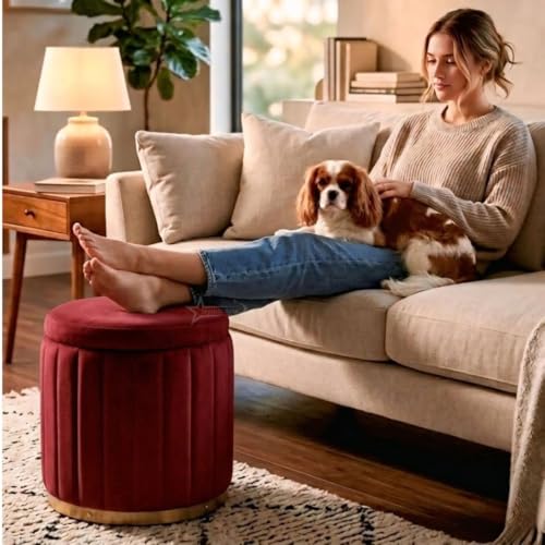 Image of Superior Round Storage Ottoman Stool 13 X 13X 16 inch, with Gold Metal Base | Elegant Pouffe with Secret Storage | Cushioned Footrest for Living Room, Bedroom, and Lounge Maroon