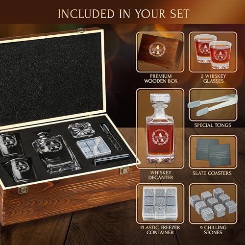 Personalized Whiskey Decanter and Stones Set - Customized Gift for Him - Men, Dad, Father - Engraved Classic Decanter, Glasses, 9 Granite Stones in Container, Coasters, Tongs in Wooden Gift Box - Image 4