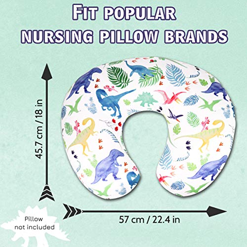 Image of Dinosaur Nursing Pillow Cover, Breastfeeding Pillow Slipcover for Baby Boys & Girls, Nursing Pillow Case for Newborn, Soft Fabric Fits Snug On Infant, Washable & Breathable, Watercolor Dinosaur