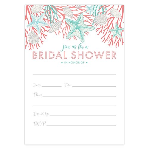 Beach Bridal Shower Invitations Set Of 25 Cards And Envelopes, Fill-In Style With Corals, Shells And Starfish. Printed On Heavy 140Lb Card Stock. #TOP3